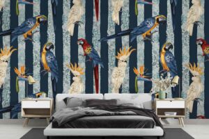 Colorful Parrots on striped background