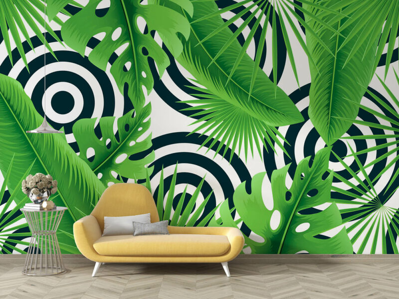 Tropical greens with concentric circles background