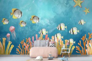 Watercolor Fishes in a blue ocean