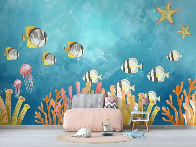 Watercolor Fishes in a blue ocean