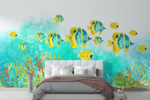 Watercolor fishes in the vast blue ocean