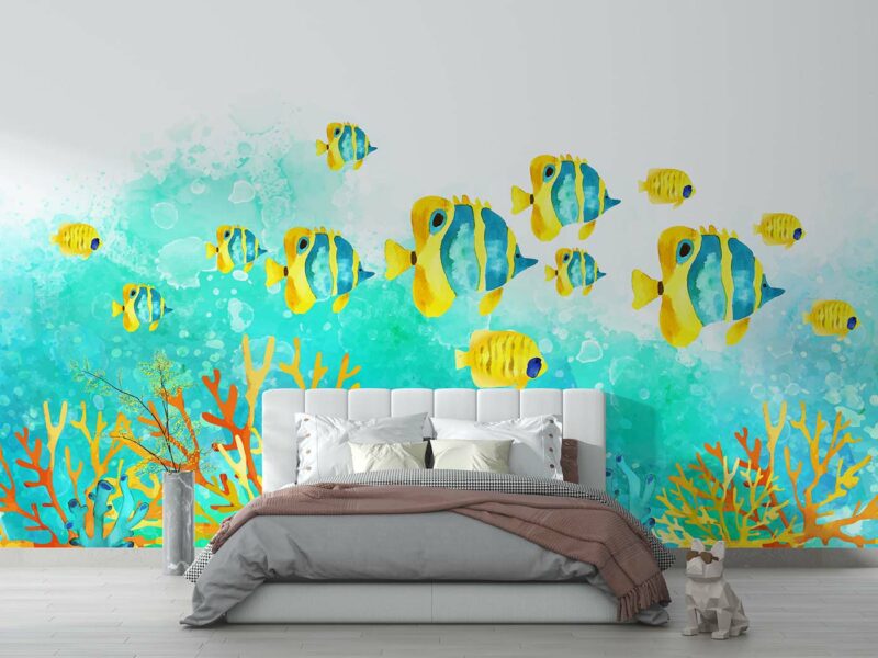Watercolor fishes in the vast blue ocean
