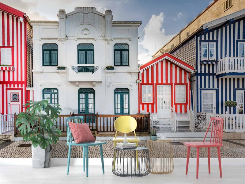 Colorful wooden striped facade in historic neighborhood, Portugal.