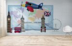 Plane flying over London landmarks in front of pastel map