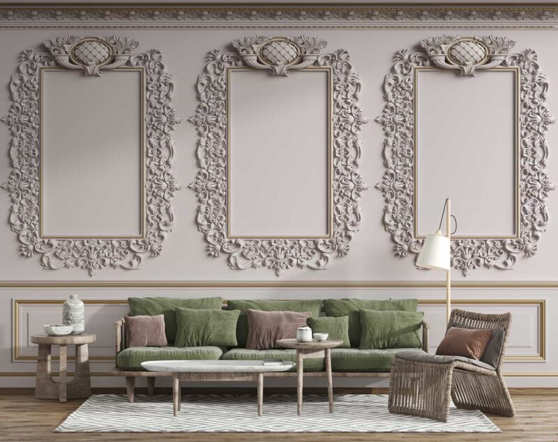 Classic interior wall with carving mouldings