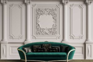 Classic interior wall with ornate mouldings-3D illustration