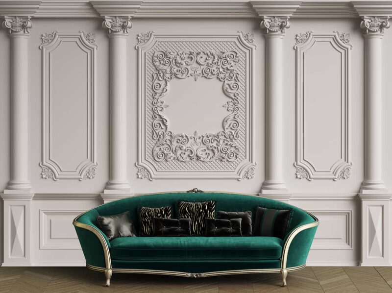 Classic interior wall with ornate mouldings-3D illustration