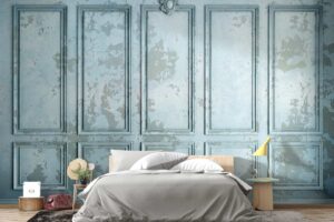 Classic wall of old stucco panels blue paint-3D illustration