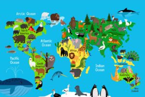 World map-animal illustration