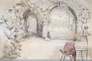 Arched cityscape line art Livingroom wallpaper 1