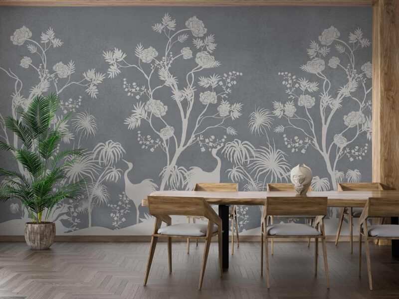 Chinoiserie art birds and foliage illustration-grey Diningroom wallpaper 3