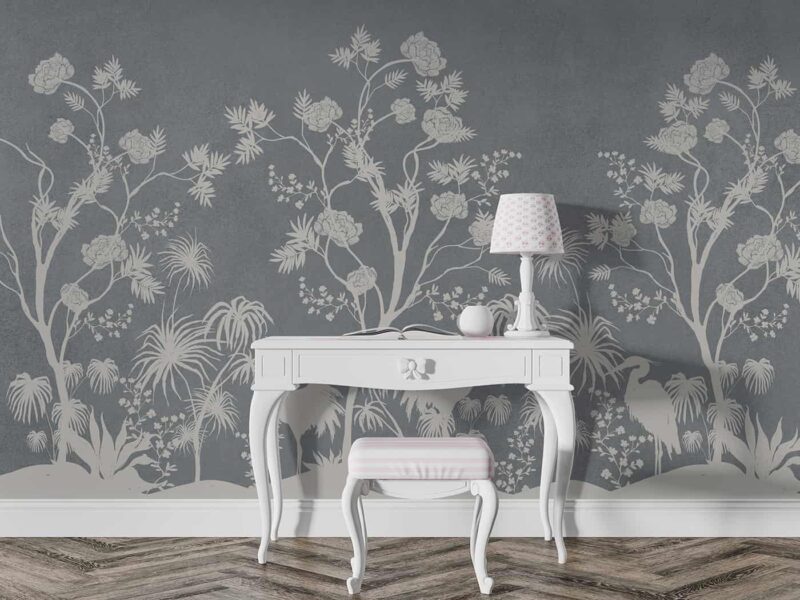 Chinoiserie art birds and foliage illustration-grey Livingroom wallpaper 4