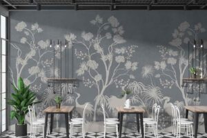 Chinoiserie art birds and foliage illustration-grey Other room wallpaper 1