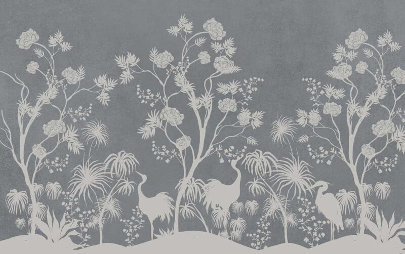 Chinoiserie art birds and foliage illustration-grey wallpaper 2