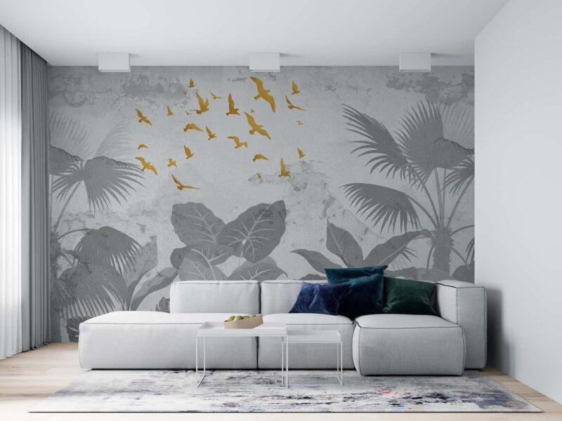 Tropical leaves with flying birds-Grey Livingroom wallpaper 1