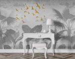 Tropical leaves with flying birds-Grey Livingroom wallpaper 3