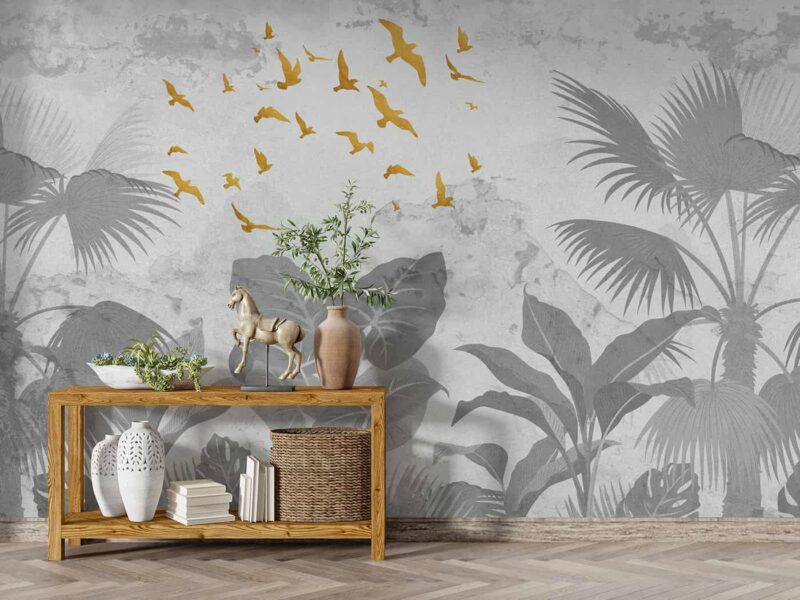 Tropical leaves with flying birds-Grey Livingroom wallpaper 4