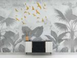 Tropical leaves with flying birds-Grey Livingroom wallpaper 5