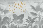 Tropical leaves with flying birds-Grey wallpaper 2