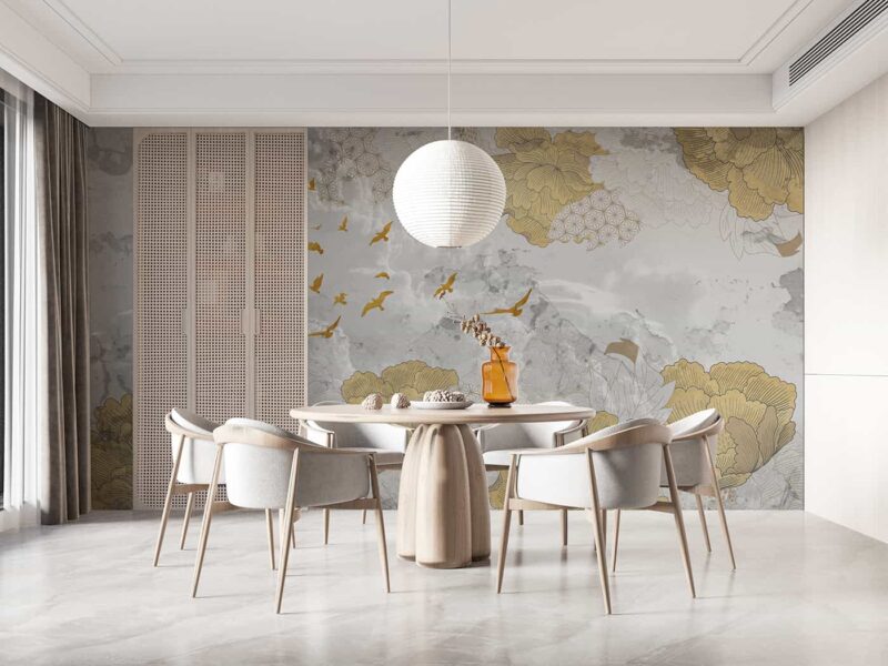 Peony flowers with birds on a Japanese pattern Diningroom wallpaper 5