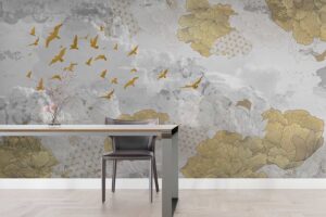 Peony flowers with birds on a Japanese pattern Livingroom wallpaper 1