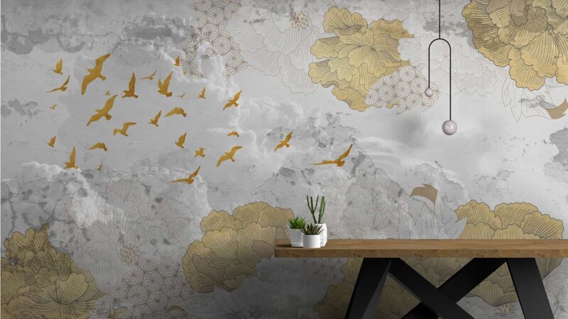 Peony flowers with birds on a Japanese pattern Livingroom wallpaper 3