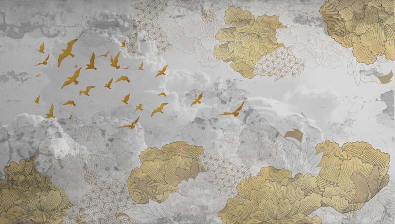 Peony flowers with birds on a Japanese pattern wallpaper 2