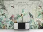 Tropical leaves and Birds on Nautical map Livingroom wallpaper 1