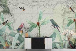 Tropical leaves and Birds on Nautical map Livingroom wallpaper 1