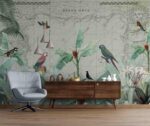 Tropical leaves and Birds on Nautical map Livingroom wallpaper 3