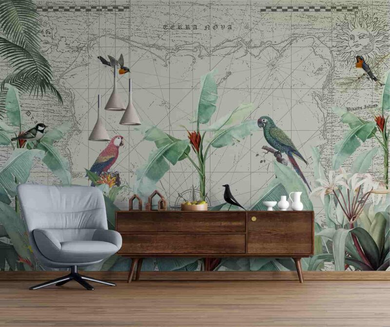 Tropical leaves and Birds on Nautical map Livingroom wallpaper 3