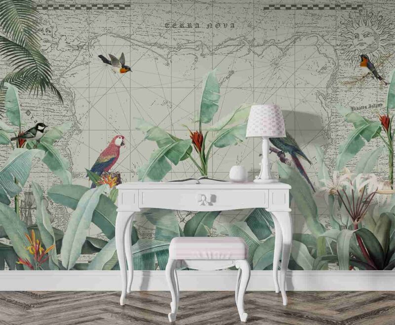 Tropical leaves and Birds on Nautical mapLivingroom wallpaper 5