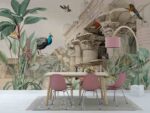 Egyptian architecture with trees peacock and birds Diningroom wallpaper 4