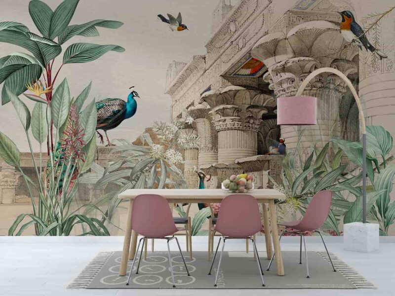 Egyptian architecture with trees peacock and birds Diningroom wallpaper 4