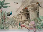 Egyptian architecture with trees peacock and birds Livingroom wallpaper 1