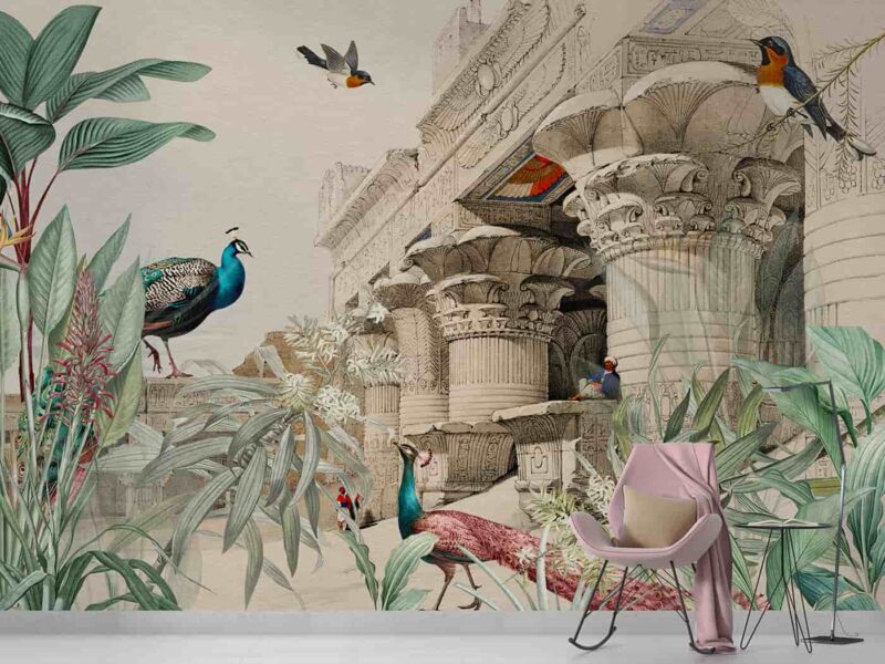 Egyptian architecture with trees peacock and birds Livingroom wallpaper 1