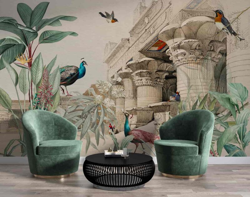 Egyptian architecture with trees peacock and birds Livingroom wallpaper 3