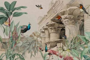 Egyptian architecture with trees peacock and birds wallpaper 2