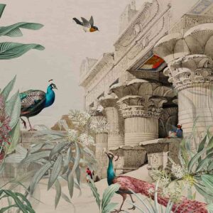 Egyptian architecture with trees peacock and birds wallpaper 2