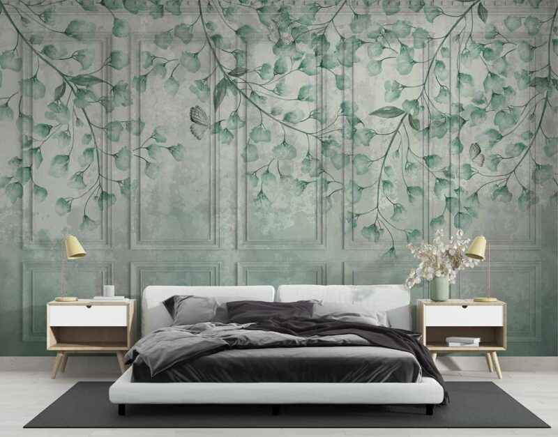 Falling leaves on Classic wall of old stucco panels Bedroom wallpaper 4