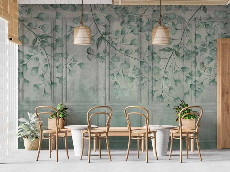 Falling leaves on Classic wall of old stucco panels Diningroom wallpaper 5