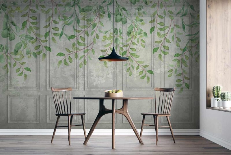 Classic wall of old stucco panels with falling leaves Diningroom wallpaper 4