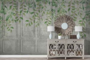 Classic wall of old stucco panels with falling leaves Livingroom wallpaper 1