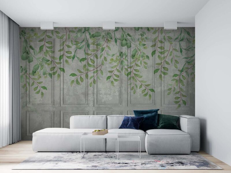 Classic wall of old stucco panels with falling leaves Livingroom wallpaper 3