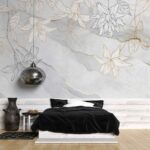 Pearl white florals with golden strokes on stone wall Bedroom wallpaper 1