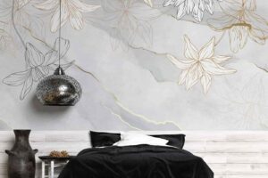 Pearl white florals with golden strokes on stone wall Bedroom wallpaper 1