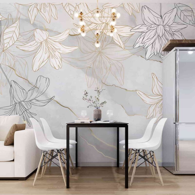 Pearl white florals with golden strokes on stone wall Diningroom wallpaper 4