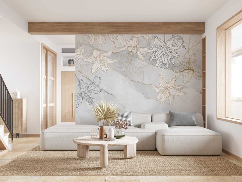 Pearl white florals with golden strokes on stone wall Livingroom wallpaper 3