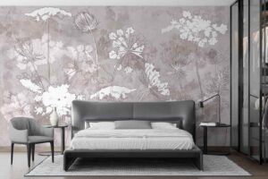 Painted wildflowers on brown concrete grunge background Bedroom wallpaper 1