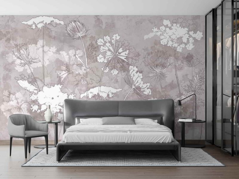 Painted wildflowers on brown concrete grunge background Bedroom wallpaper 1